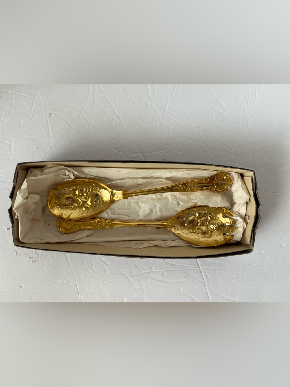Vintage Sheffield England Gold Plated Salad Serving Set NOS Unused in Box